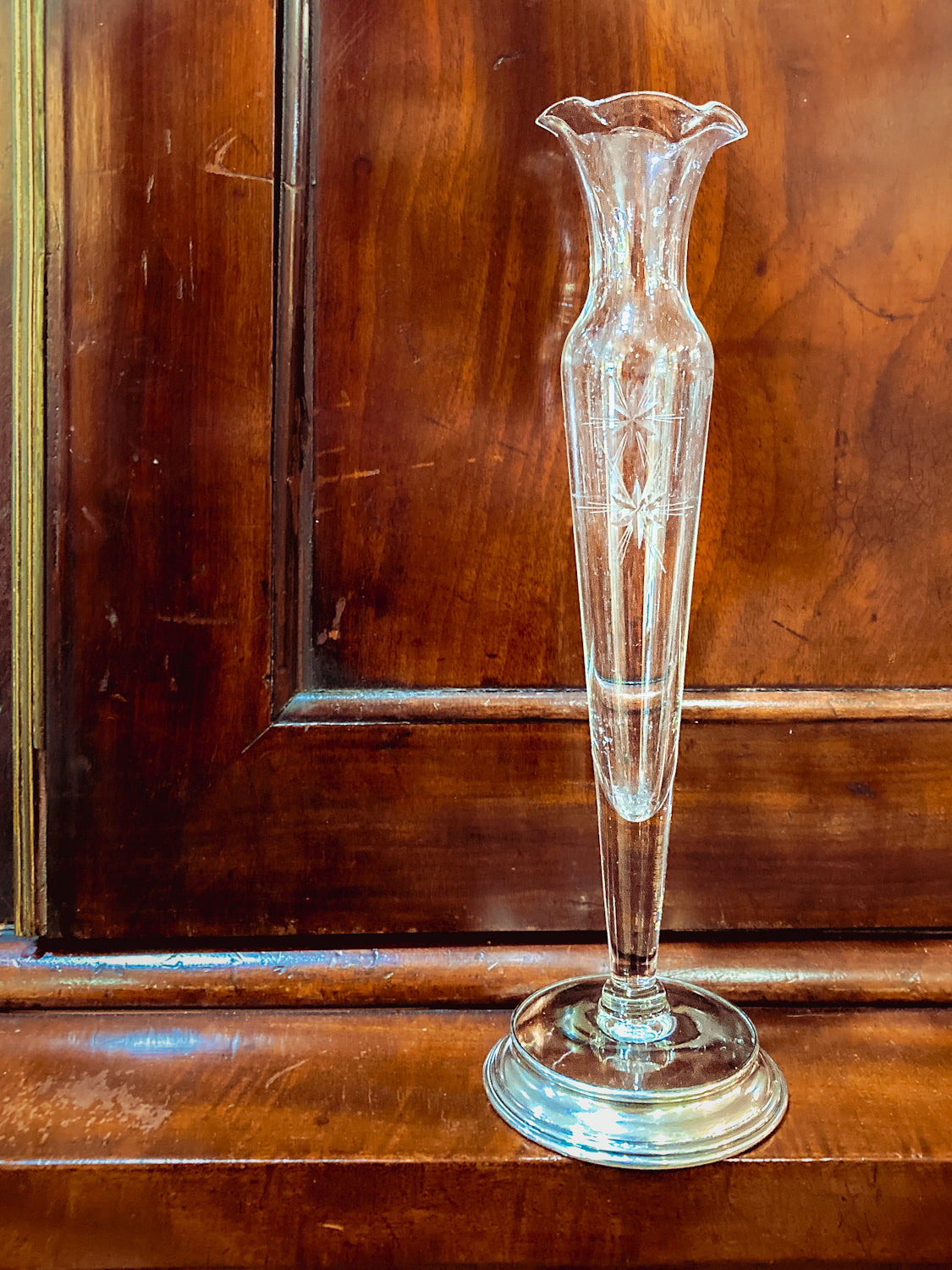 Vintage Clear Glass Ruffled Rim Starburst Etched Wallace Sterling Silver Bud Vase