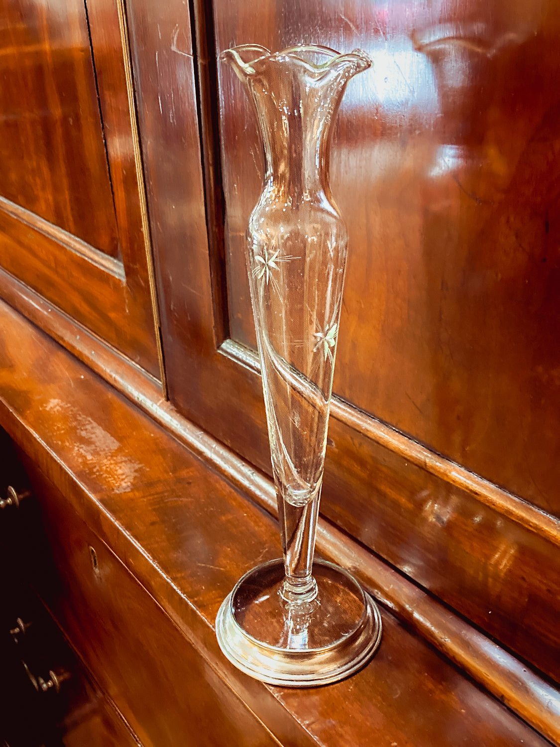 Vintage Clear Glass Ruffled Rim Starburst Etched Wallace Sterling Silver Bud Vase