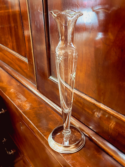 Vintage Clear Glass Ruffled Rim Starburst Etched Wallace Sterling Silver Bud Vase