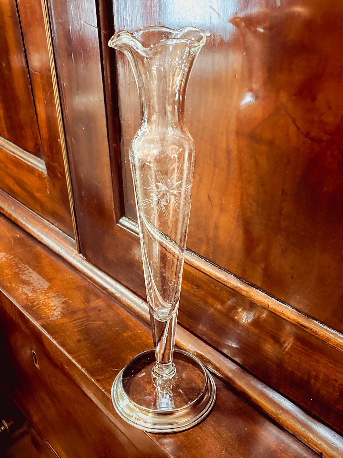Vintage Clear Glass Ruffled Rim Starburst Etched Wallace Sterling Silver Bud Vase