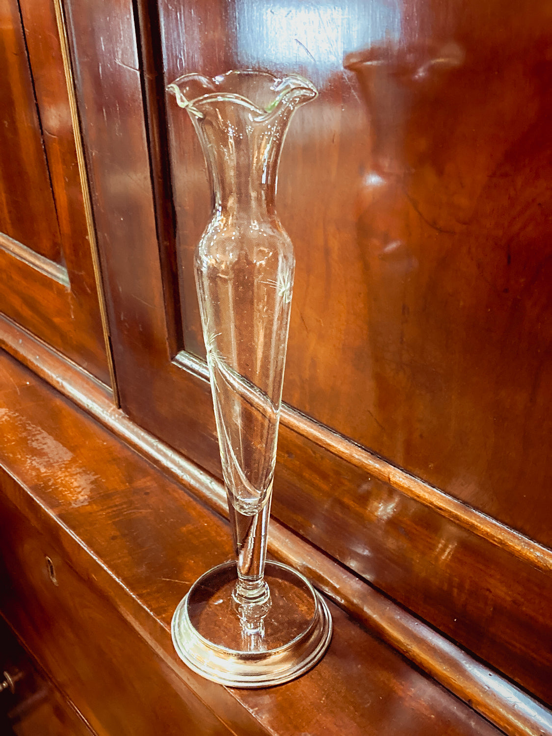 Vintage Clear Glass Ruffled Rim Starburst Etched Wallace Sterling Silver Bud Vase