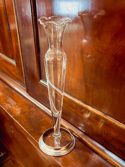 Vintage Clear Glass Ruffled Rim Starburst Etched Wallace Sterling Silver Bud Vase