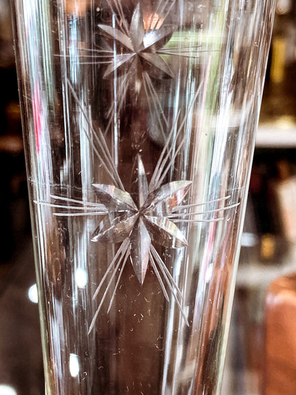 Vintage Clear Glass Ruffled Rim Starburst Etched Wallace Sterling Silver Bud Vase