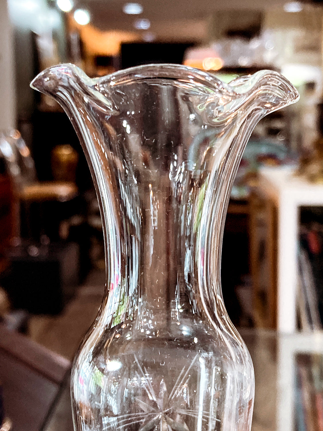 Vintage Clear Glass Ruffled Rim Starburst Etched Wallace Sterling Silver Bud Vase