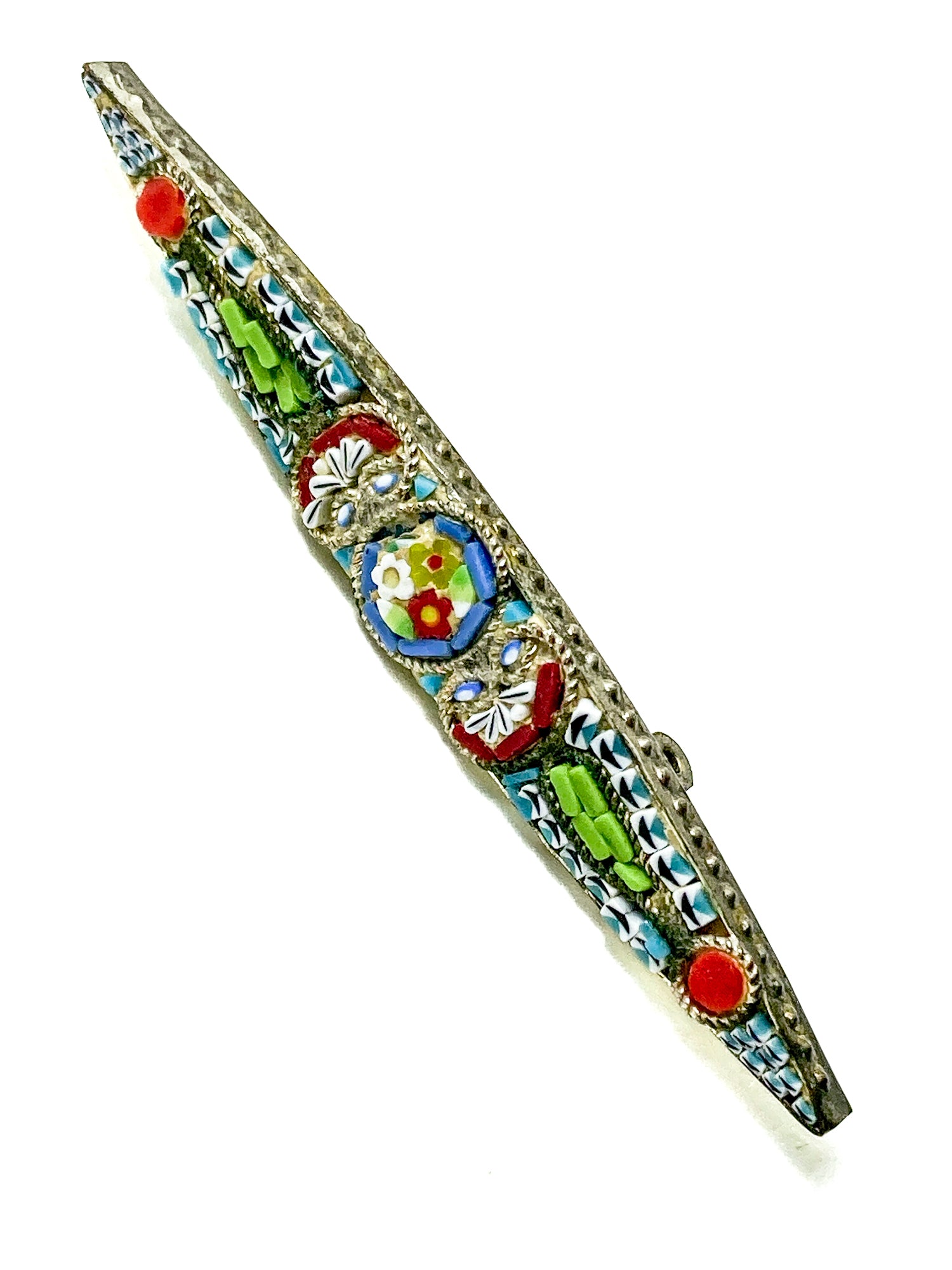Vintage Colorful Floral Micro Mosaic Tapered Bar Pin Brooch