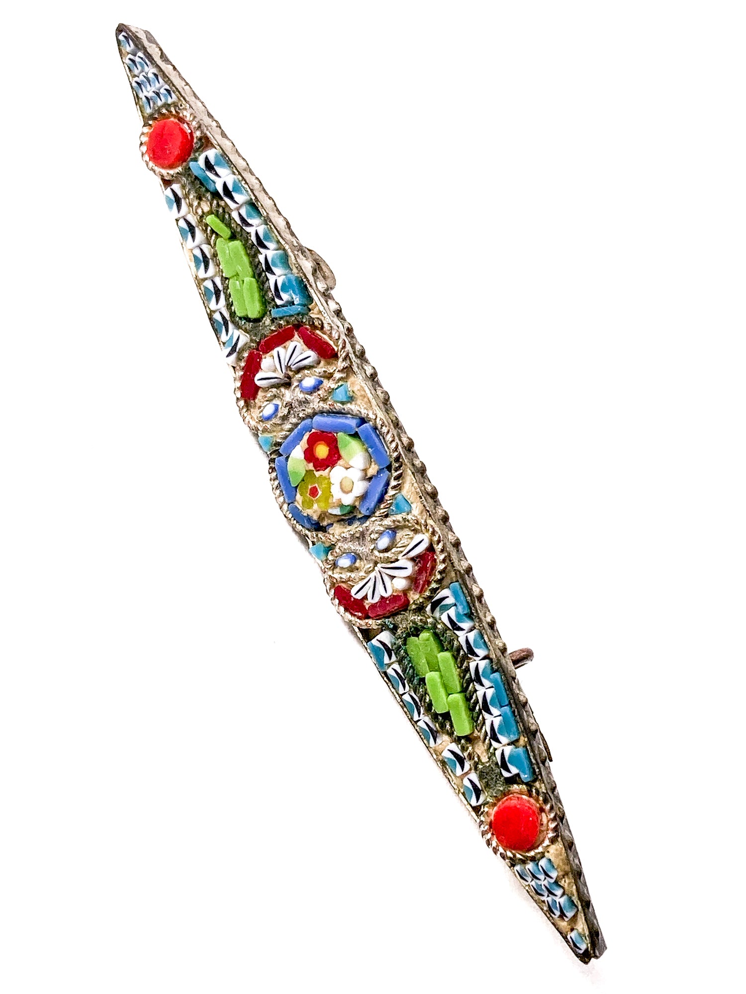 Vintage Colorful Floral Micro Mosaic Tapered Bar Pin Brooch
