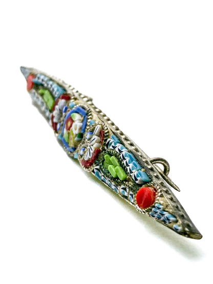 Vintage Colorful Floral Micro Mosaic Tapered Bar Pin Brooch