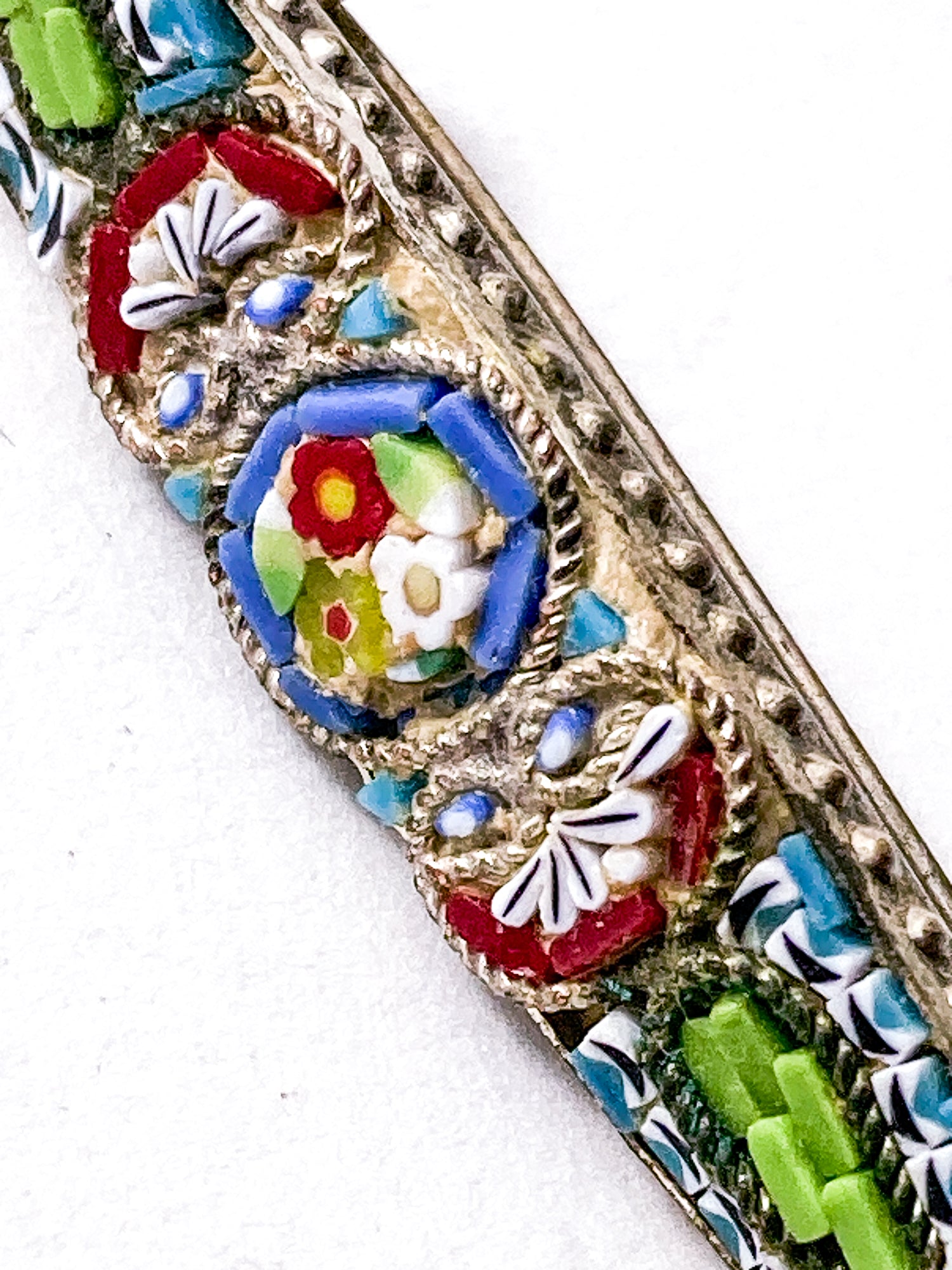 Vintage Colorful Floral Micro Mosaic Tapered Bar Pin Brooch