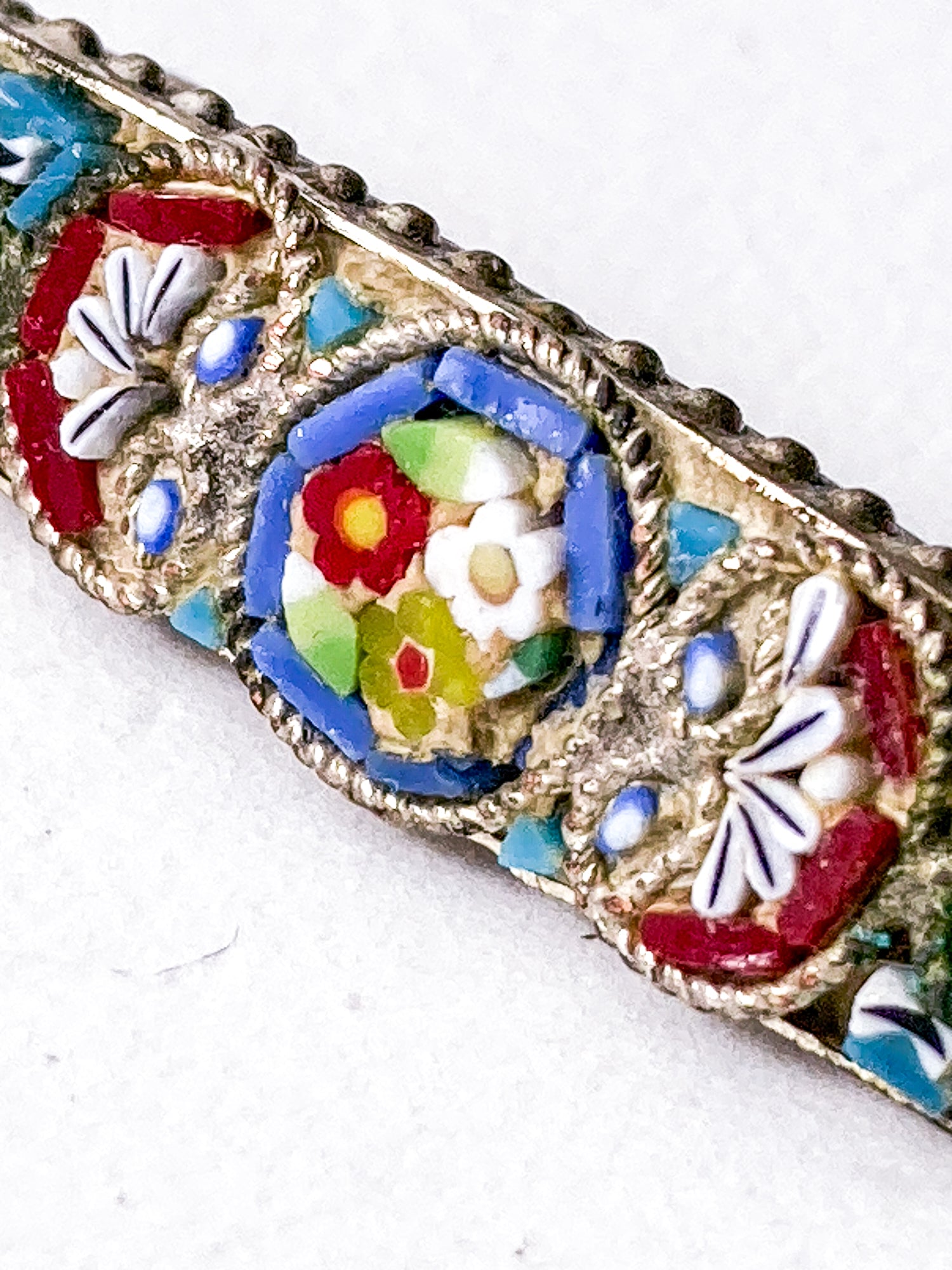 Vintage Colorful Floral Micro Mosaic Tapered Bar Pin Brooch