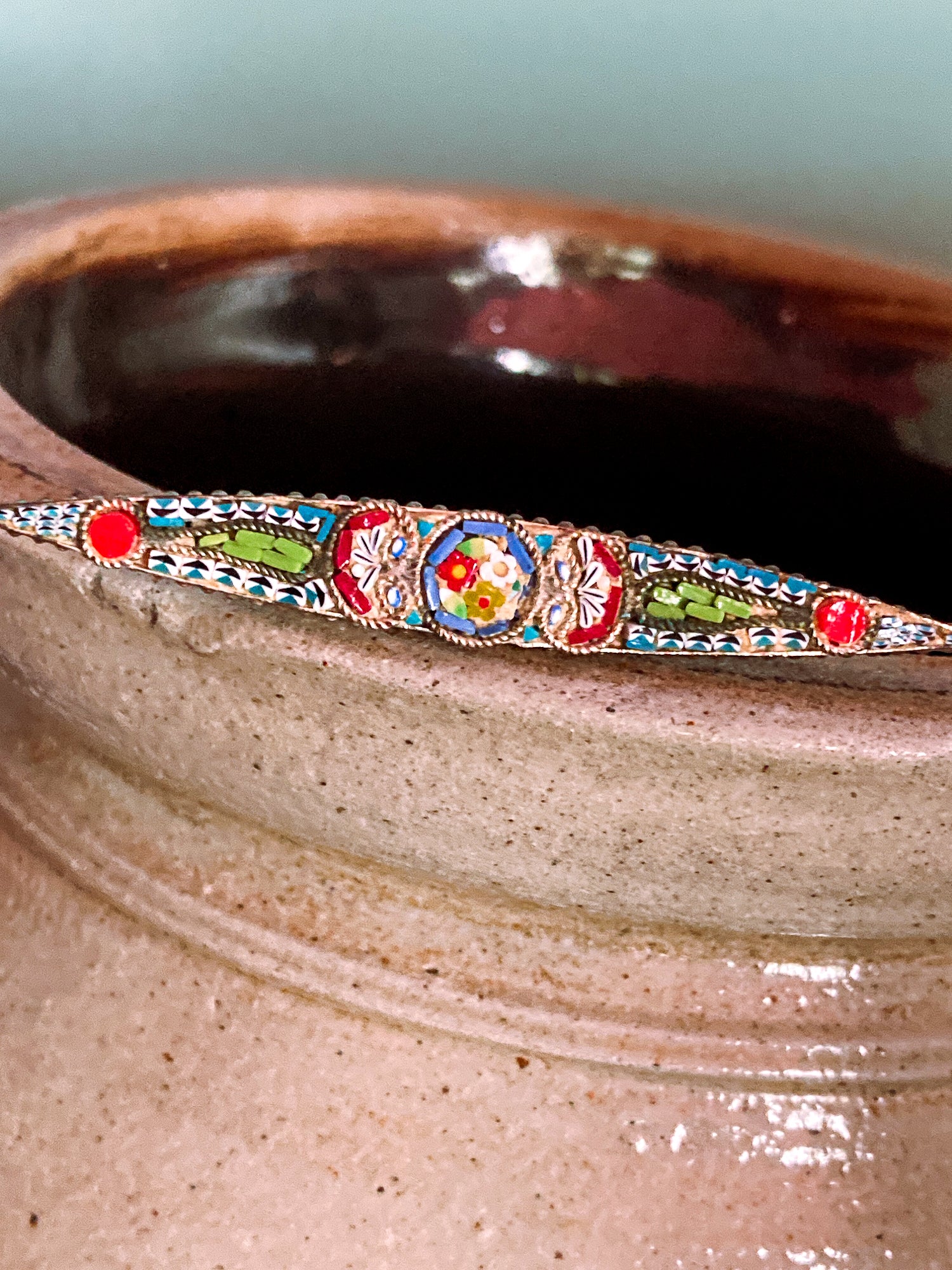 Vintage Colorful Floral Micro Mosaic Tapered Bar Pin Brooch