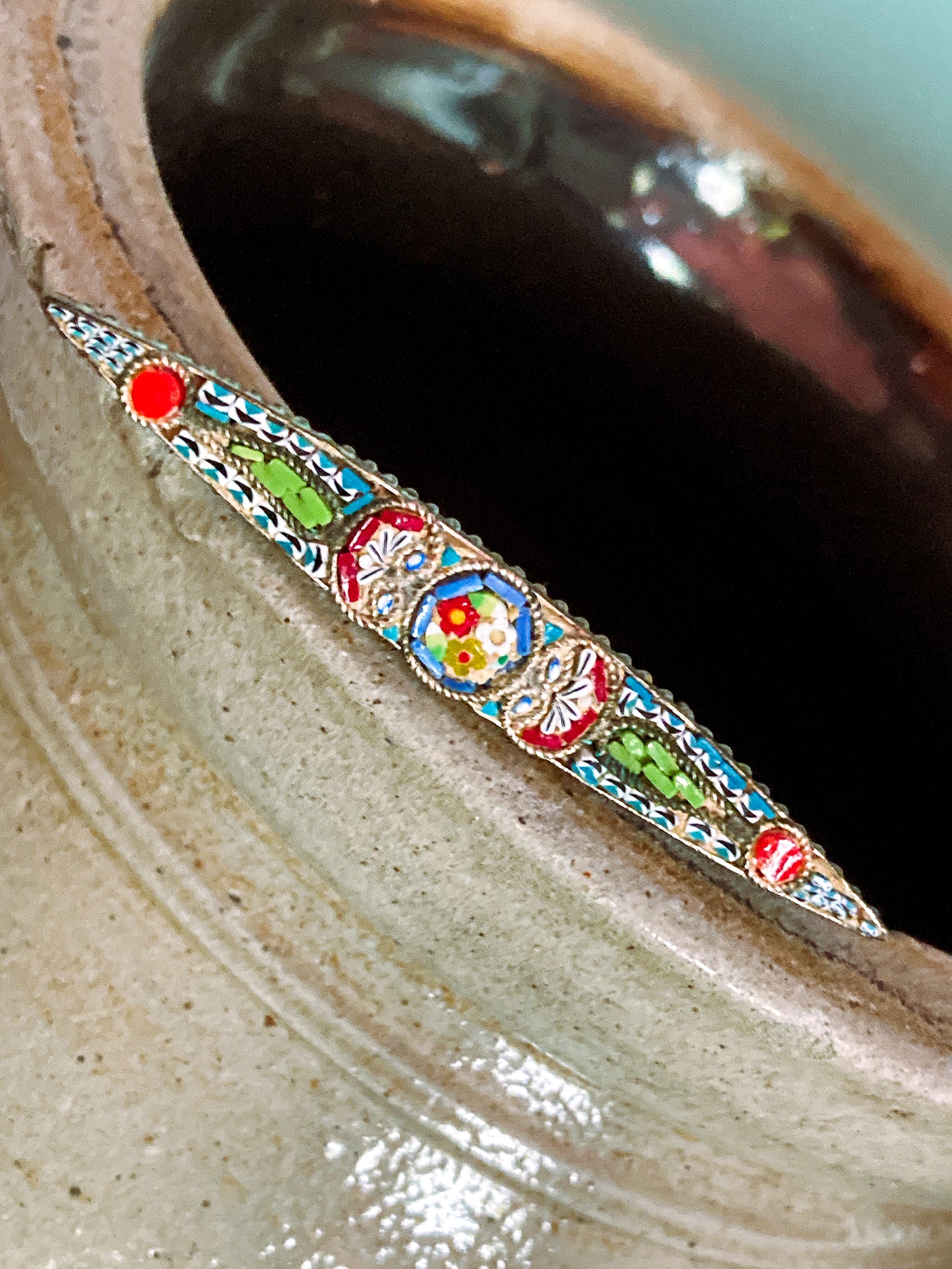 Vintage Colorful Floral Micro Mosaic Tapered Bar Pin Brooch