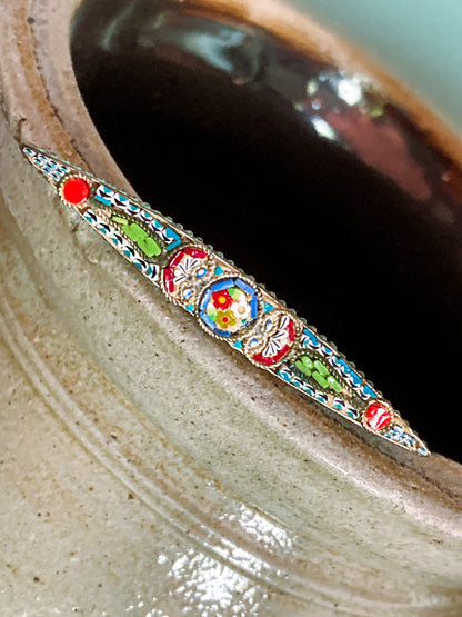 Vintage Colorful Floral Micro Mosaic Tapered Bar Pin Brooch