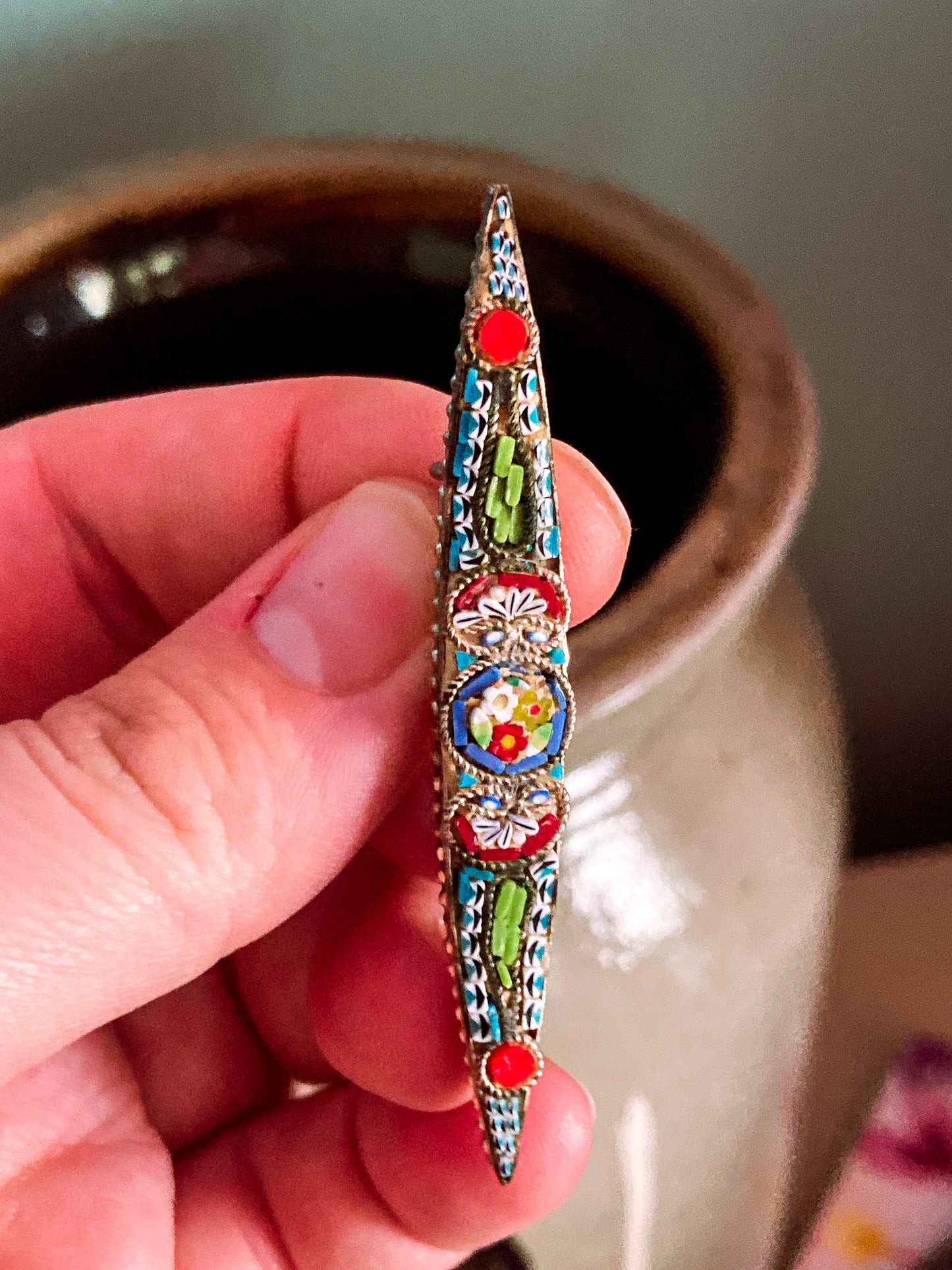 Vintage Colorful Floral Micro Mosaic Tapered Bar Pin Brooch