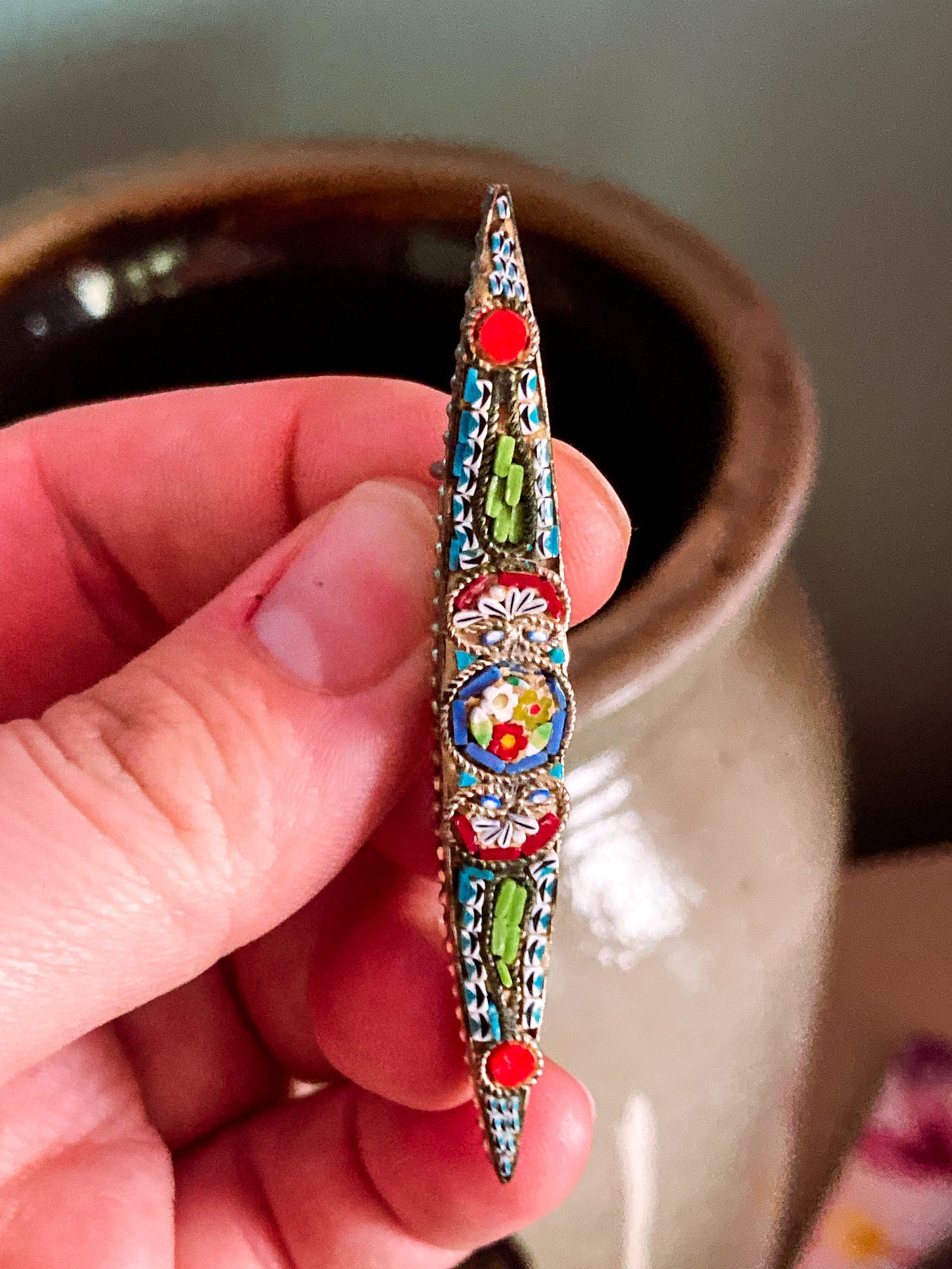 Vintage Colorful Floral Micro Mosaic Tapered Bar Pin Brooch