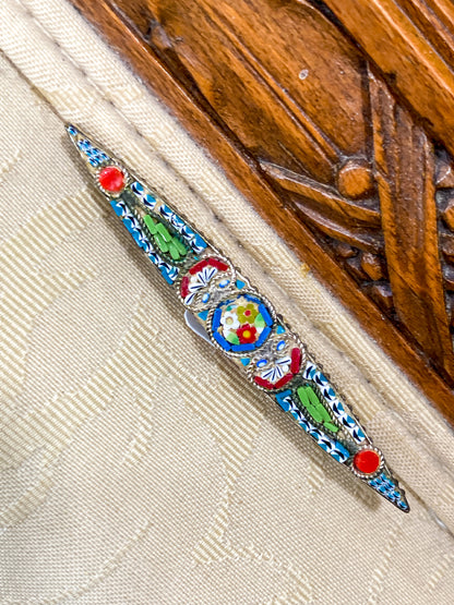 Vintage Colorful Floral Micro Mosaic Tapered Bar Pin Brooch