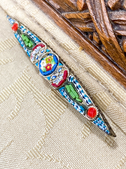 Vintage Colorful Floral Micro Mosaic Tapered Bar Pin Brooch