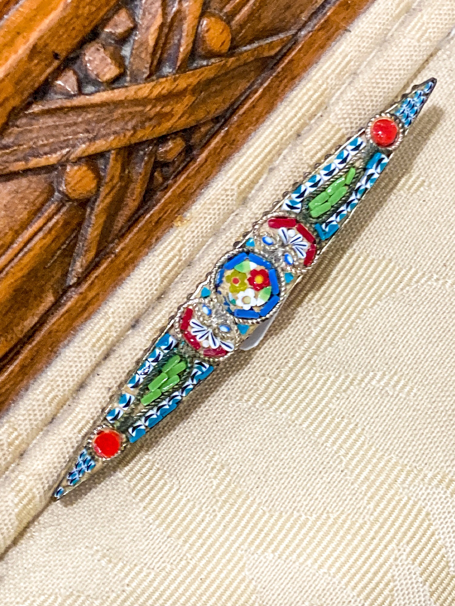 Vintage Colorful Floral Micro Mosaic Tapered Bar Pin Brooch