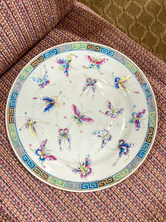 Vintage Colorful Hand Enameled Butterfly Motif 8 Inch Porcelain Decorative Plate