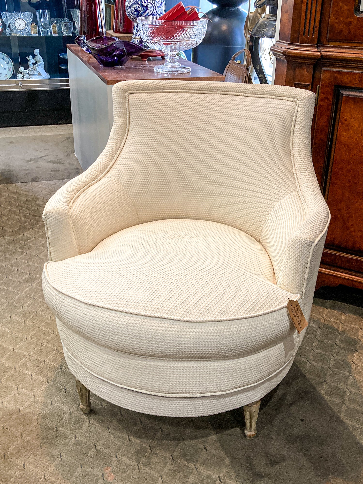 Vintage Cream Waffle Weave Wood Leg Barrel Round Swivel Lounge Chair