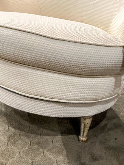 Vintage Cream Waffle Weave Wood Leg Barrel Round Swivel Lounge Chair