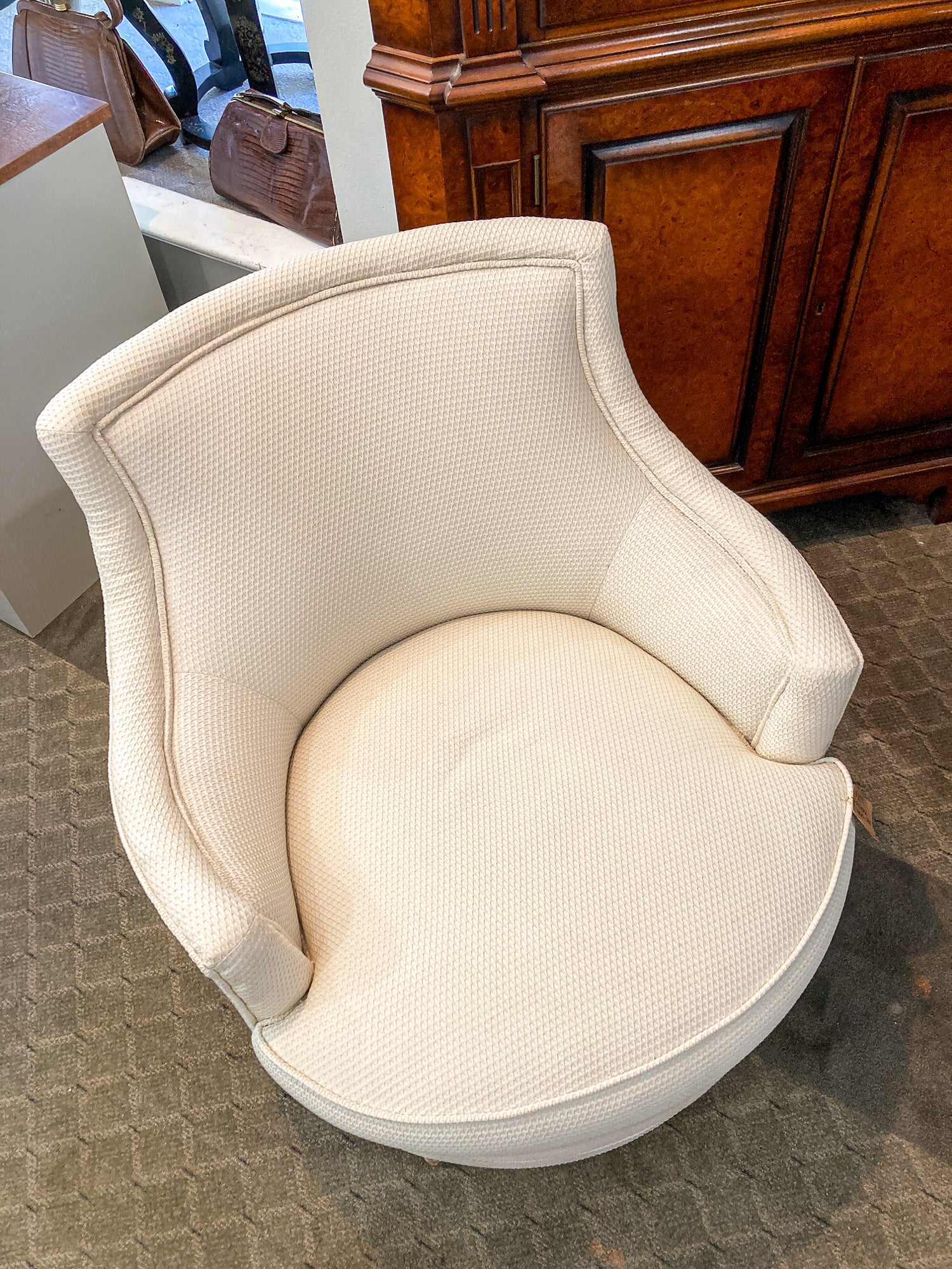 Vintage Cream Waffle Weave Wood Leg Barrel Round Swivel Lounge Chair