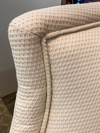 Vintage Cream Waffle Weave Wood Leg Barrel Round Swivel Lounge Chair