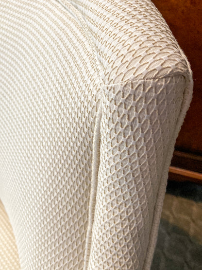 Vintage Cream Waffle Weave Wood Leg Barrel Round Swivel Lounge Chair