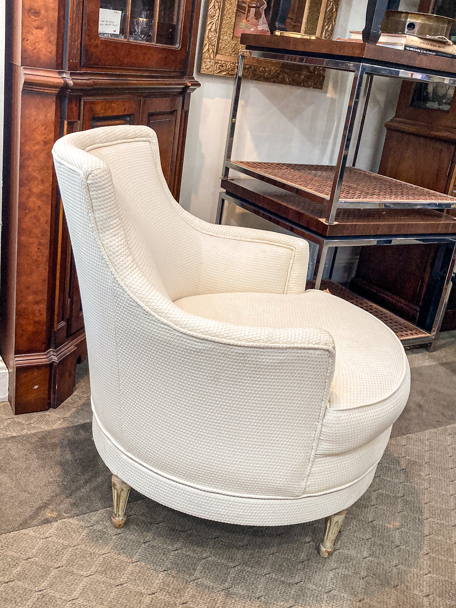 Vintage Cream Waffle Weave Wood Leg Barrel Round Swivel Lounge Chair