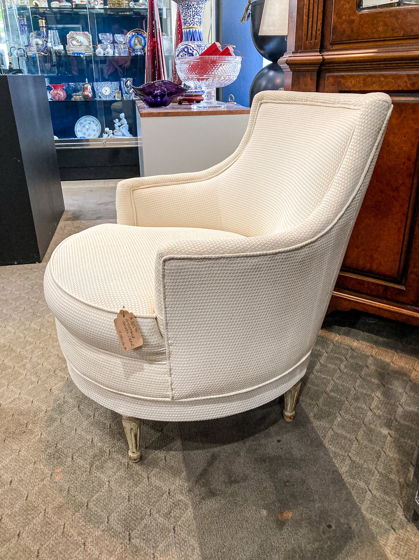 Vintage Cream Waffle Weave Wood Leg Barrel Round Swivel Lounge Chair