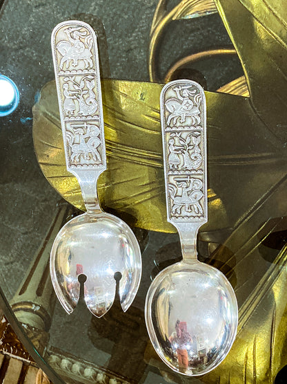 Vintage David-Andersen Norwegian Fairytale Folk Sterling Silver Salad Set