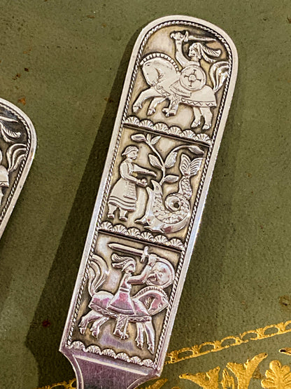 Vintage David-Andersen Norwegian Fairytale Folk Sterling Silver Salad Set