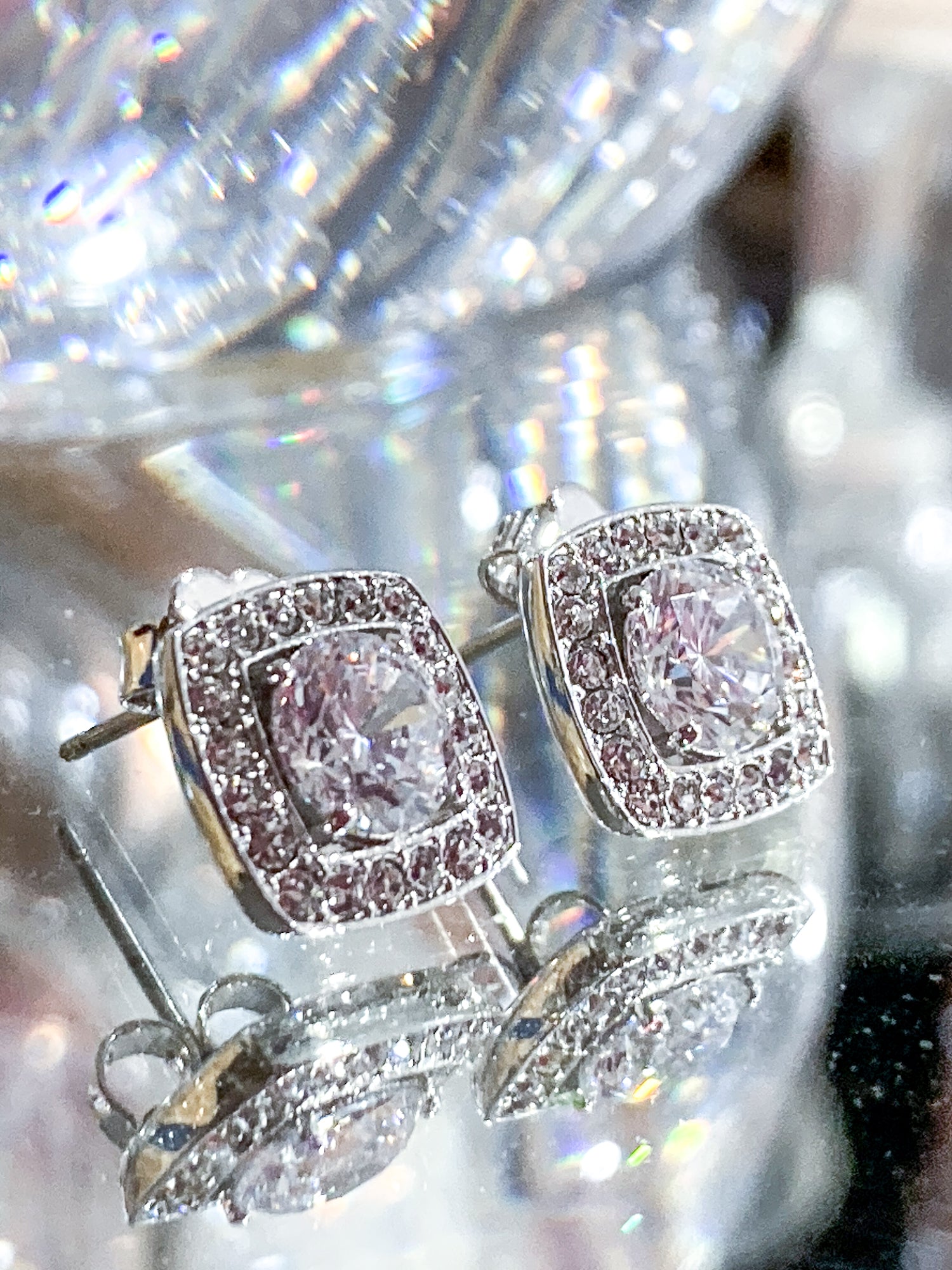 Vintage Dazzling Silver Rhinestone Square Shaped Stud Post Earrings