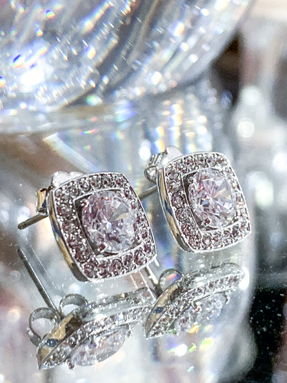 Vintage Dazzling Silver Rhinestone Square Shaped Stud Post Earrings