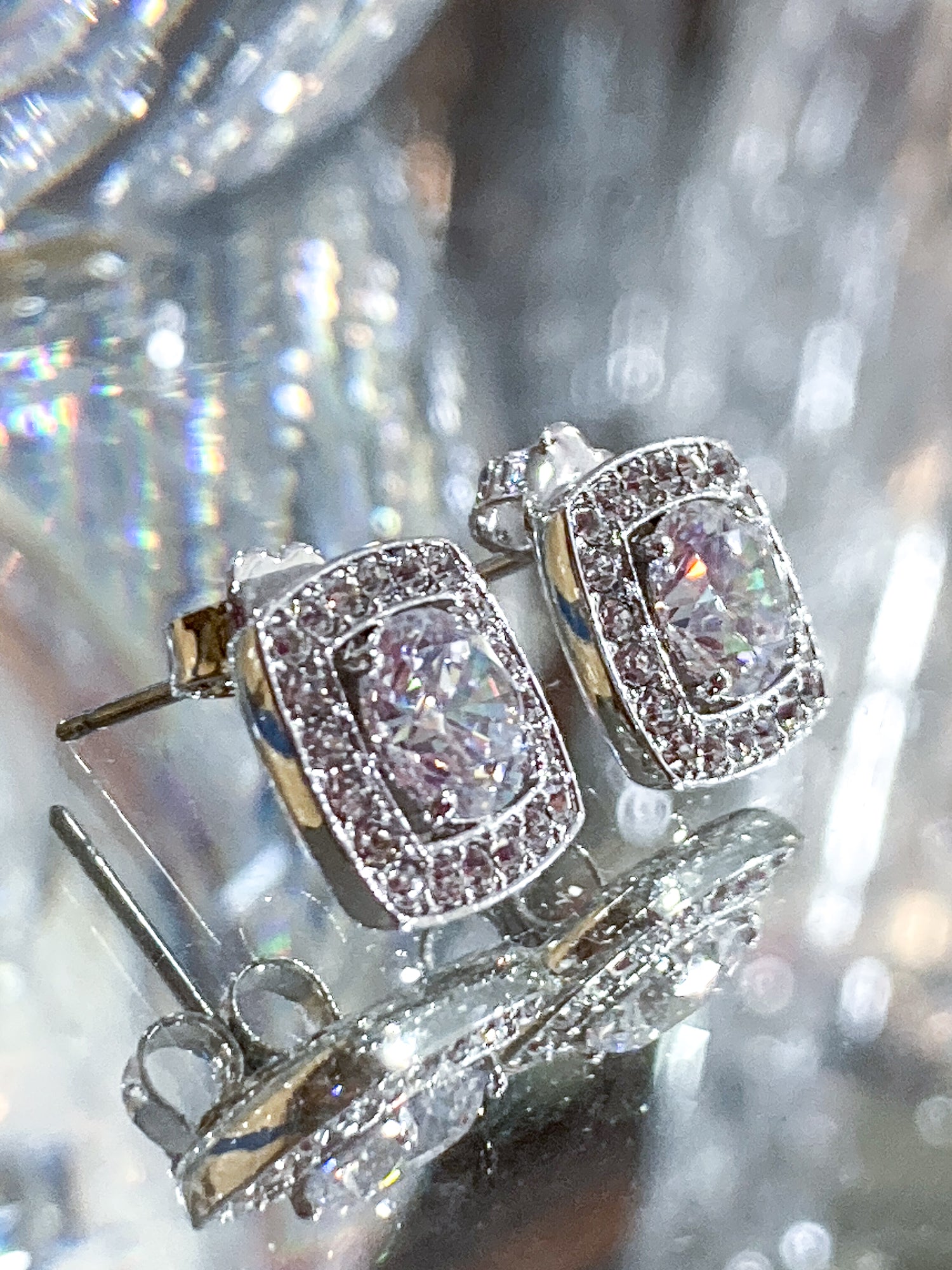 Vintage Dazzling Silver Rhinestone Square Shaped Stud Post Earrings