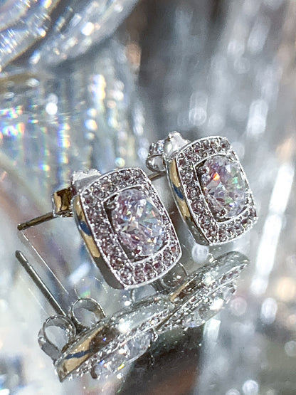 Vintage Dazzling Silver Rhinestone Square Shaped Stud Post Earrings