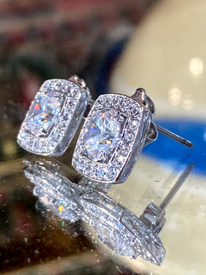 Vintage Dazzling Silver Rhinestone Square Shaped Stud Post Earrings