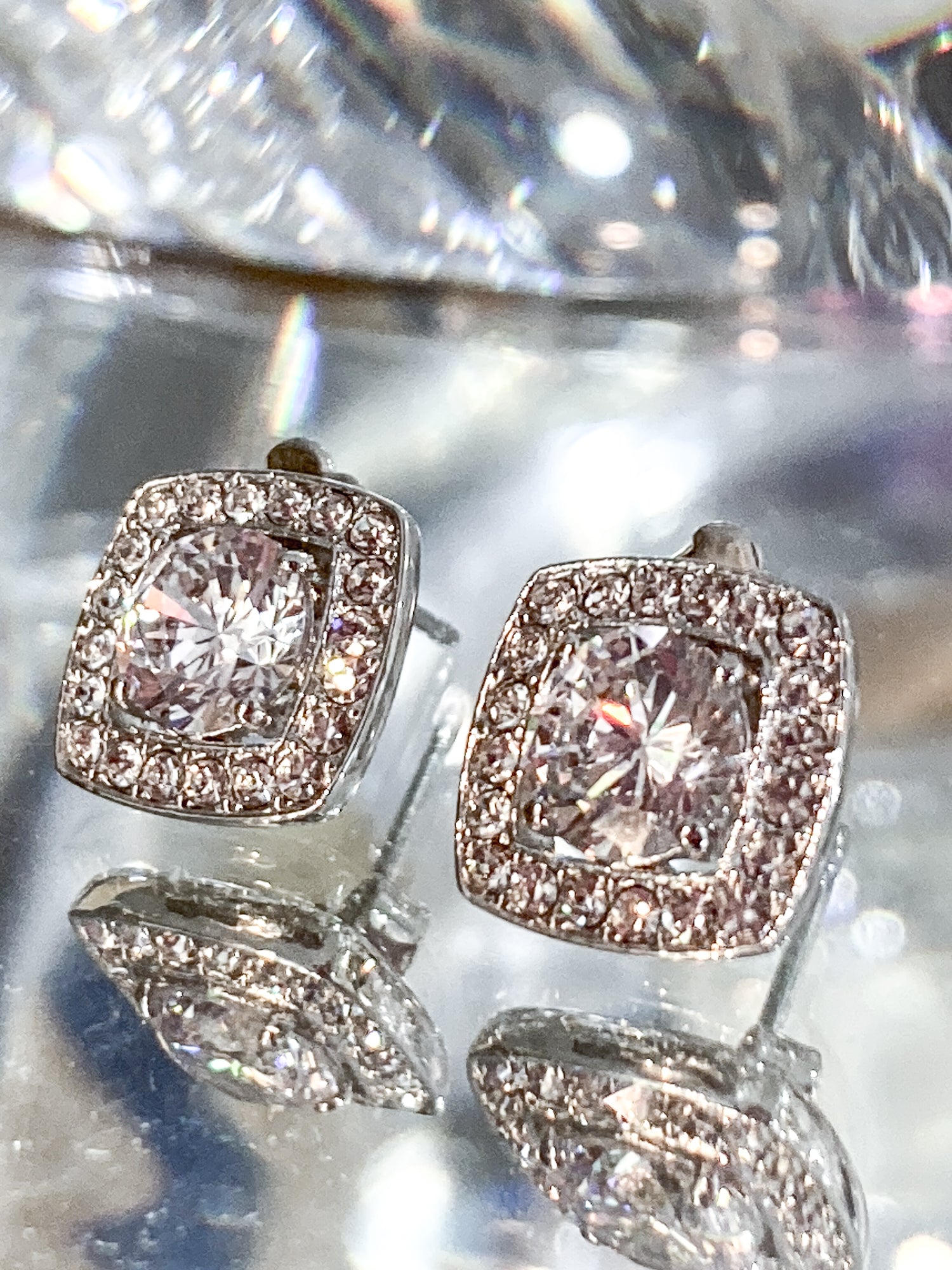 Vintage Dazzling Silver Rhinestone Square Shaped Stud Post Earrings