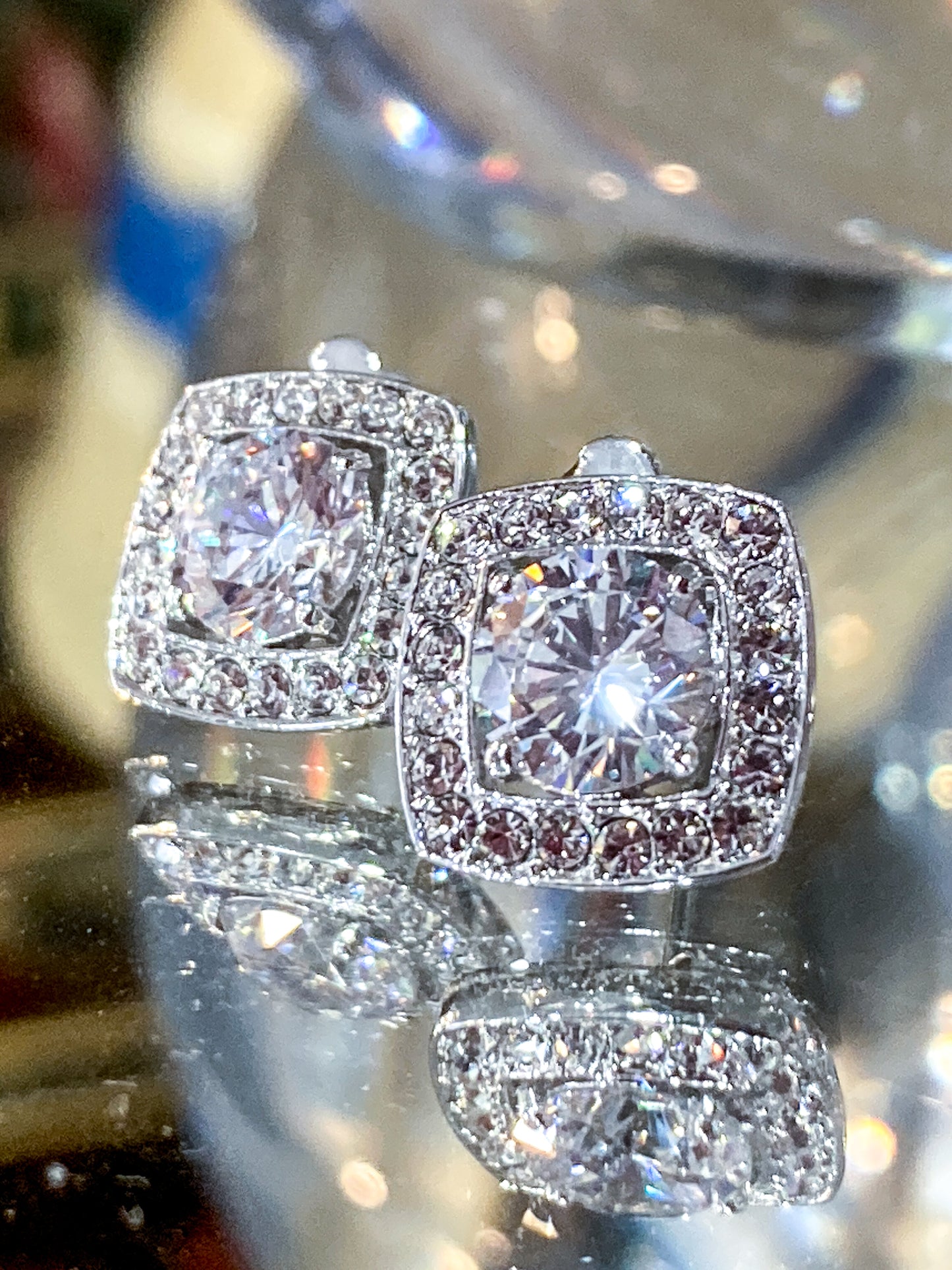 Vintage Dazzling Silver Rhinestone Square Shaped Stud Post Earrings