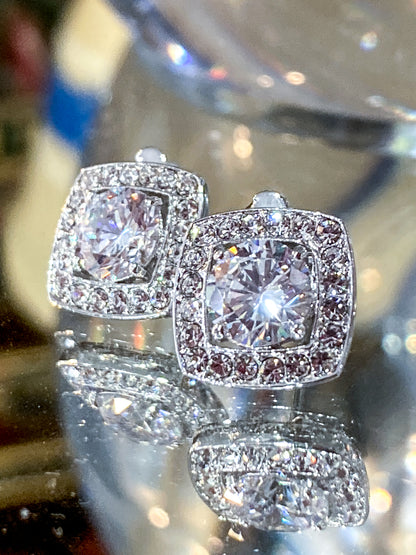 Vintage Dazzling Silver Rhinestone Square Shaped Stud Post Earrings