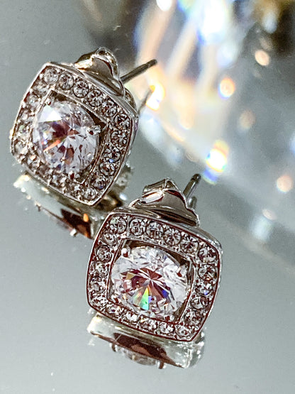 Vintage Dazzling Silver Rhinestone Square Shaped Stud Post Earrings