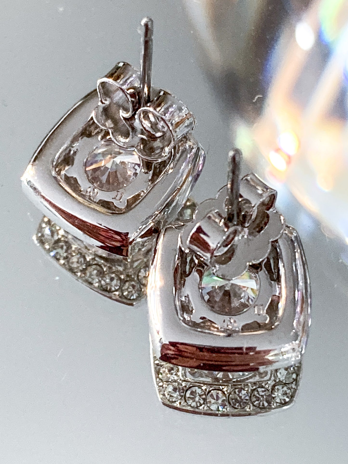 Vintage Dazzling Silver Rhinestone Square Shaped Stud Post Earrings