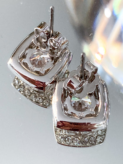 Vintage Dazzling Silver Rhinestone Square Shaped Stud Post Earrings