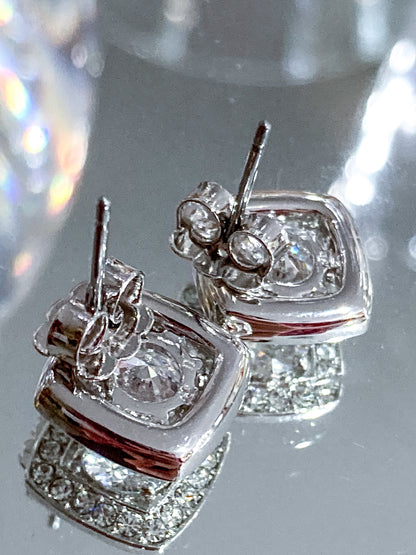 Vintage Dazzling Silver Rhinestone Square Shaped Stud Post Earrings