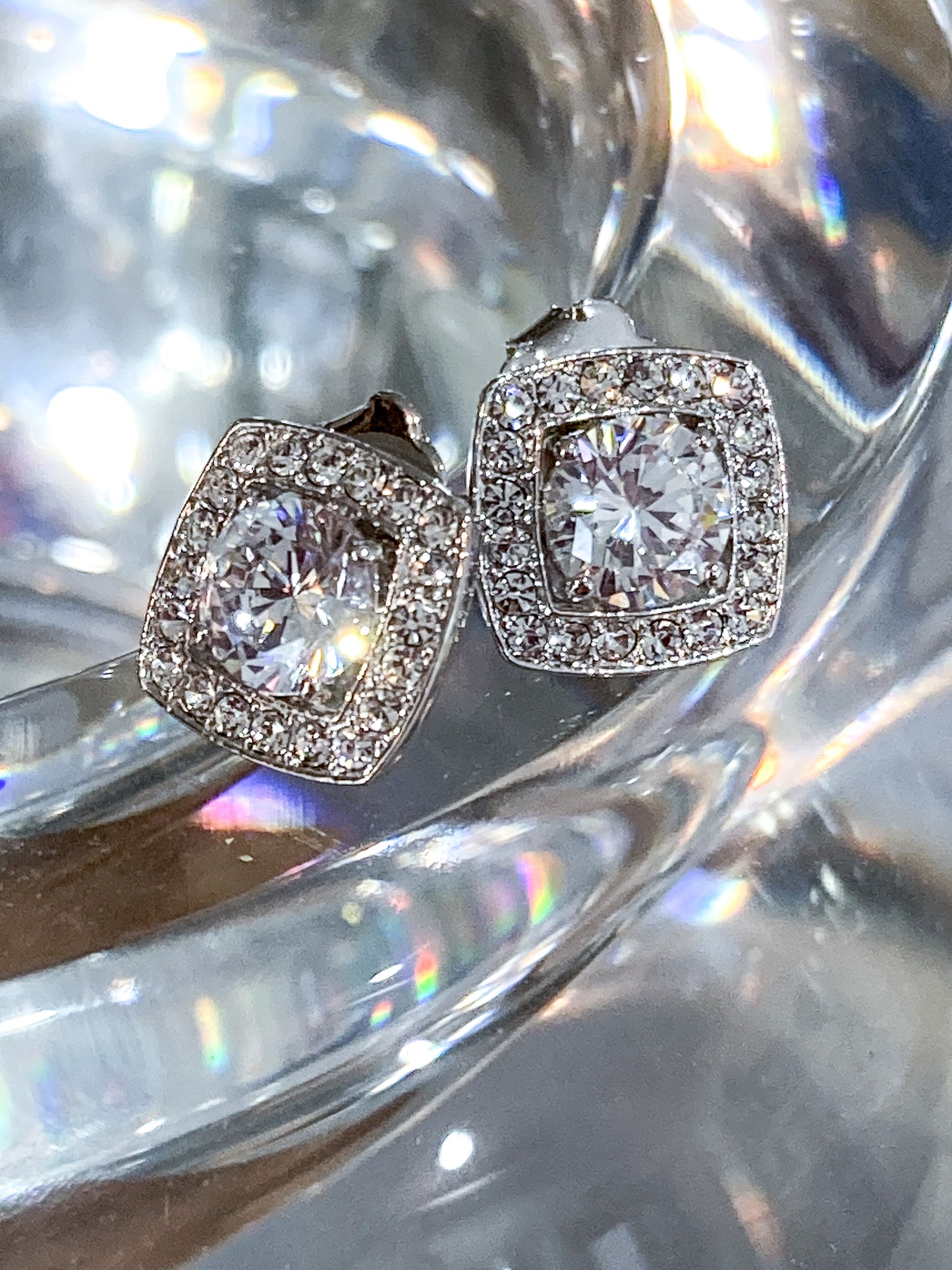 Vintage Dazzling Silver Rhinestone Square Shaped Stud Post Earrings