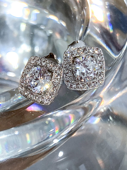 Vintage Dazzling Silver Rhinestone Square Shaped Stud Post Earrings