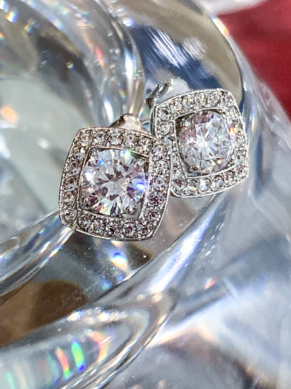 Vintage Dazzling Silver Rhinestone Square Shaped Stud Post Earrings
