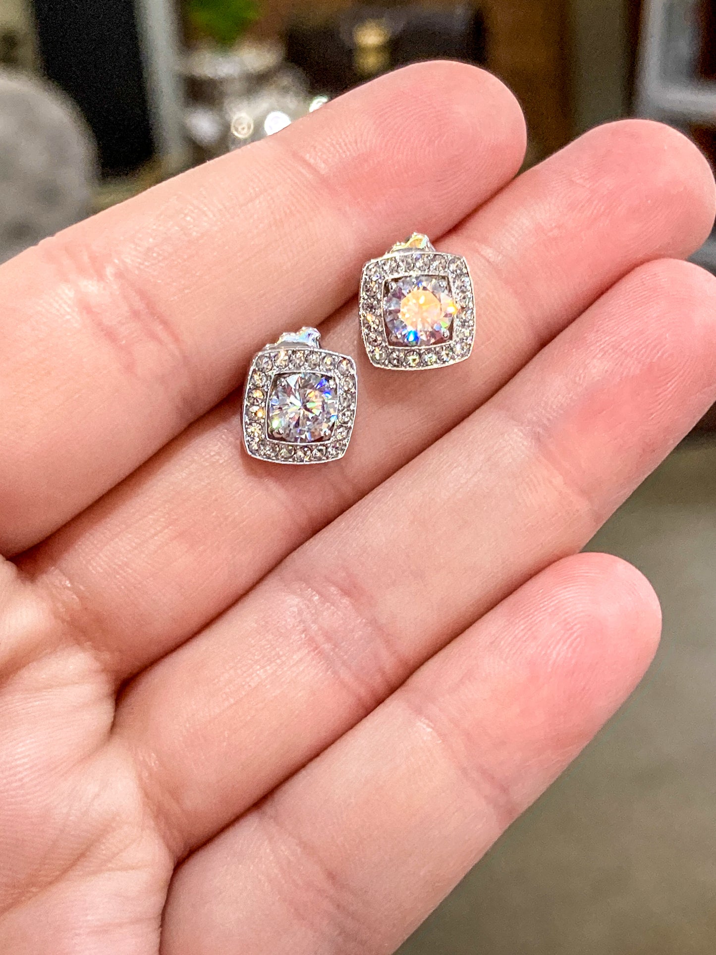 Vintage Dazzling Silver Rhinestone Square Shaped Stud Post Earrings