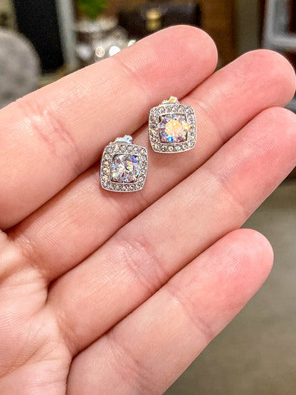 Vintage Dazzling Silver Rhinestone Square Shaped Stud Post Earrings