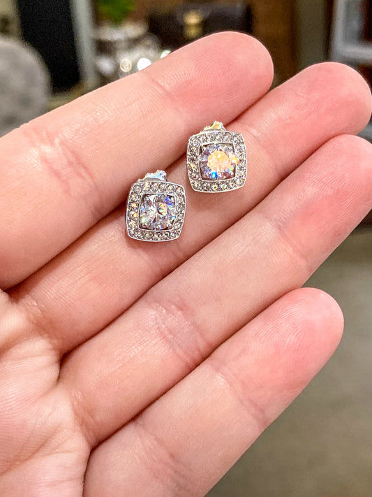 Vintage Dazzling Silver Rhinestone Square Shaped Stud Post Earrings