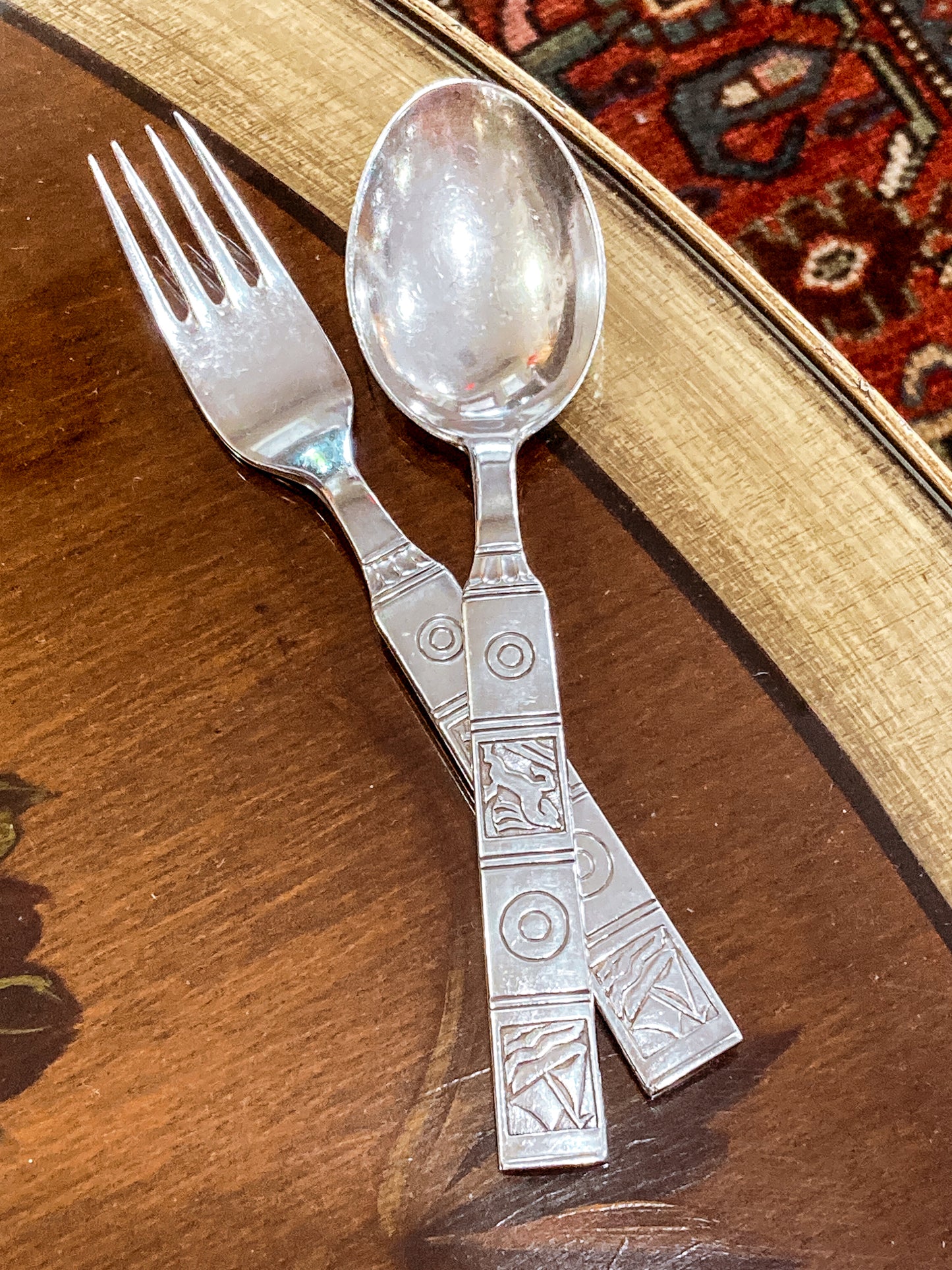 Vintage Dutch Sterling Silver Sailboat Horse Motif Childs Spoon Fork Silverware Set